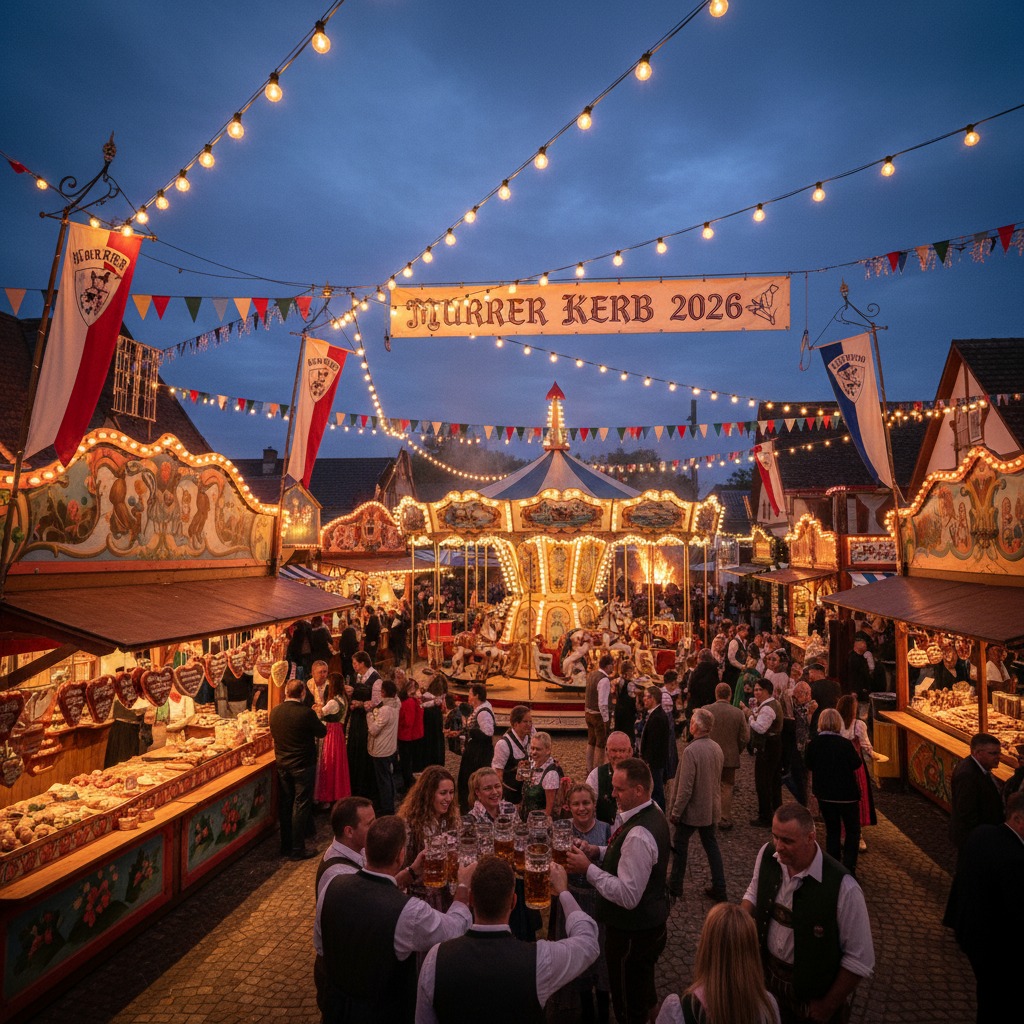 Menschen in traditioneller Kleidung stoßen auf der festlich beleuchteten Murrer Kerb 2026 mit Bierkrügen vor einem historischen Karussell an.