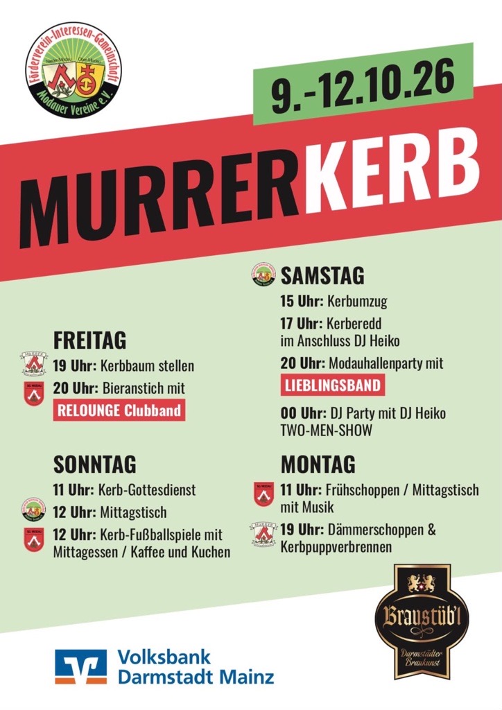Plakat Murrer Kerb 2026 in Modau: Programm von Freitag 9. bis Montag 12. Oktober