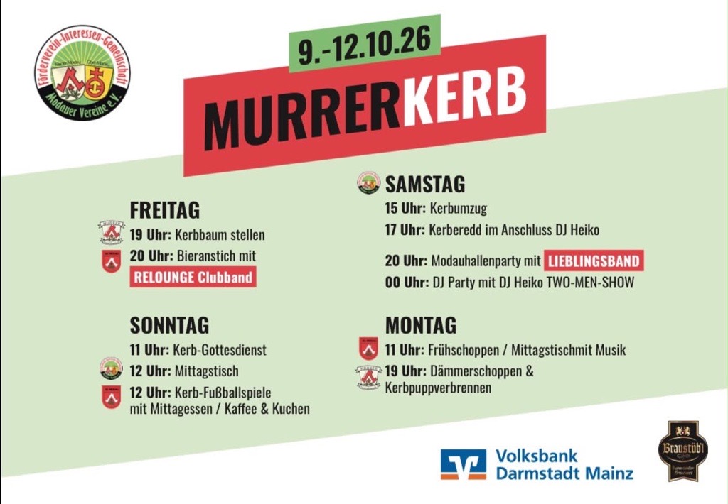 Programmübersicht Murrer Kerb 2026 in Modau (Ober-Ramstadt) vom 9. bis 12. Oktober: Kerbumzug, Kerbredd, Lieblingsband und DJ-Party